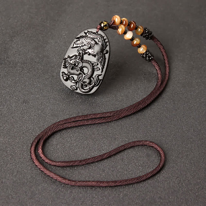Black Obsidian Tiger Eye Dragon Phoenix Protection Beaded Necklace Pendant - Obsidian&Agate Bead String - image 4