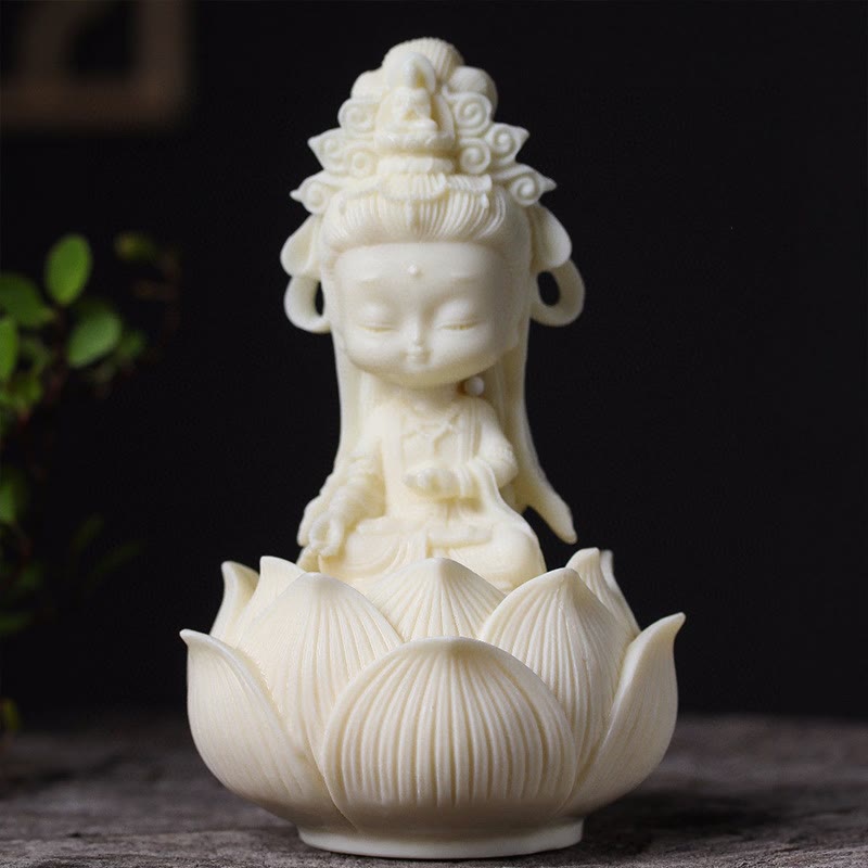 Buddha Stones Mini Ivory Fruit Kwan Yin Avalokitesvara Lotus Wealth Desk Decoration - Small Avalokitesvara 11.2*5.2*4.8cm - image 0