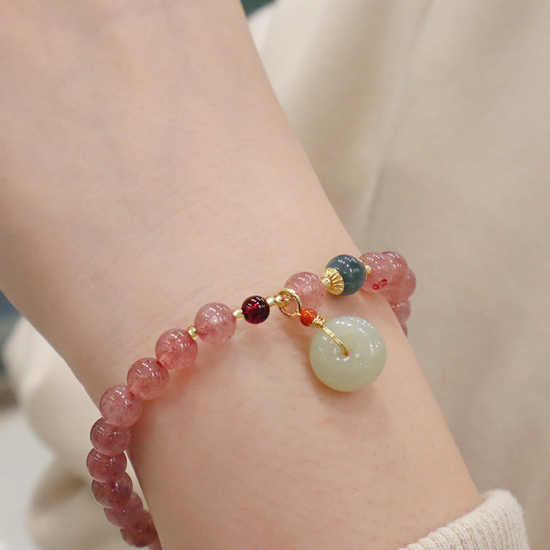 Buddha Stones Natural Strawberry Quartz Jade Peace Buckle Coin Purse Healing Bracelet