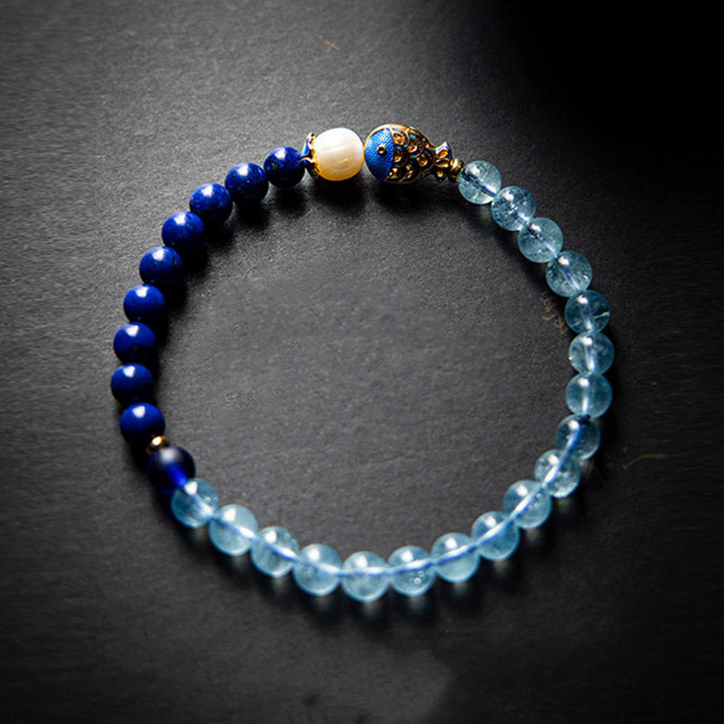 Buddha Stones Natural Aquamarine Lazurite Lapis Lazuli Fish Healing Bracelet - image 5