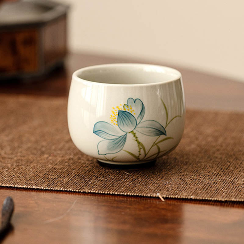 Buddha Stones Hand Painted Lotus Flower Ceramic Teacup Kung Fu Tea Cup