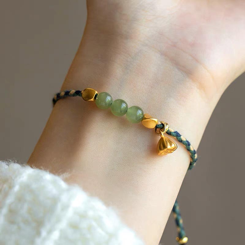 Buddha Stones Handcrafted Hetian Jade Lotus Charm Luck Braided Bracelet