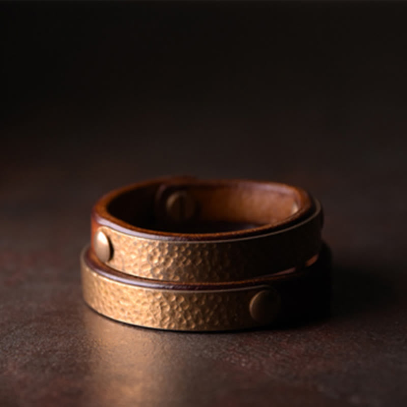 Buddha Stones Vintage Handmade Texture Copper Brass Leather Wealth Bracelet Bangle - image 7