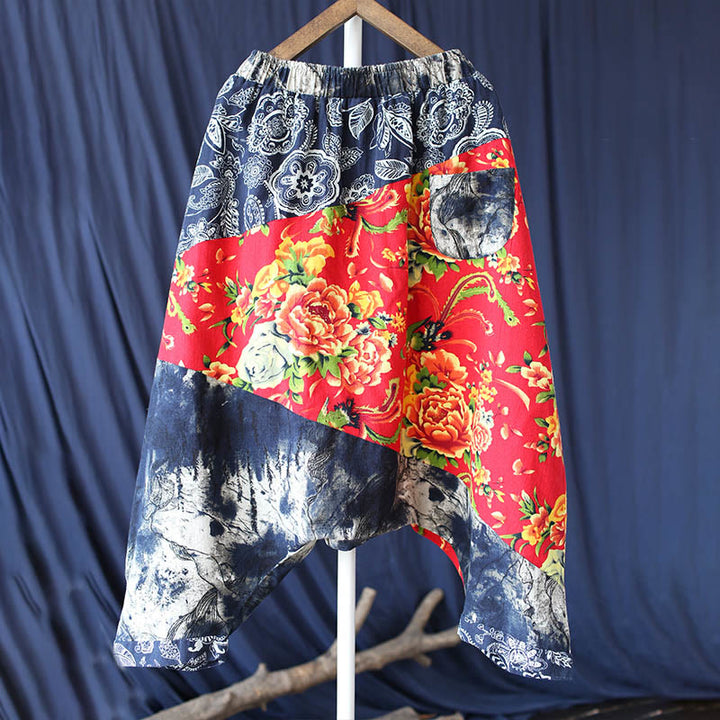 Buddha Stones Blue Red Peony Flowers Patchwork Cotton Linen Harem Pants With Pockets