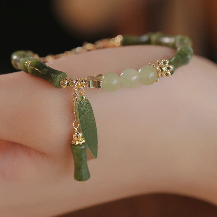 Buddha Stones Jade Bamboo Leaf Lily Of The Valley Pattern Luck Abundance Bracelet - Green Bamboo Leaf(Wrist Circumference 19-23cm) - image 0