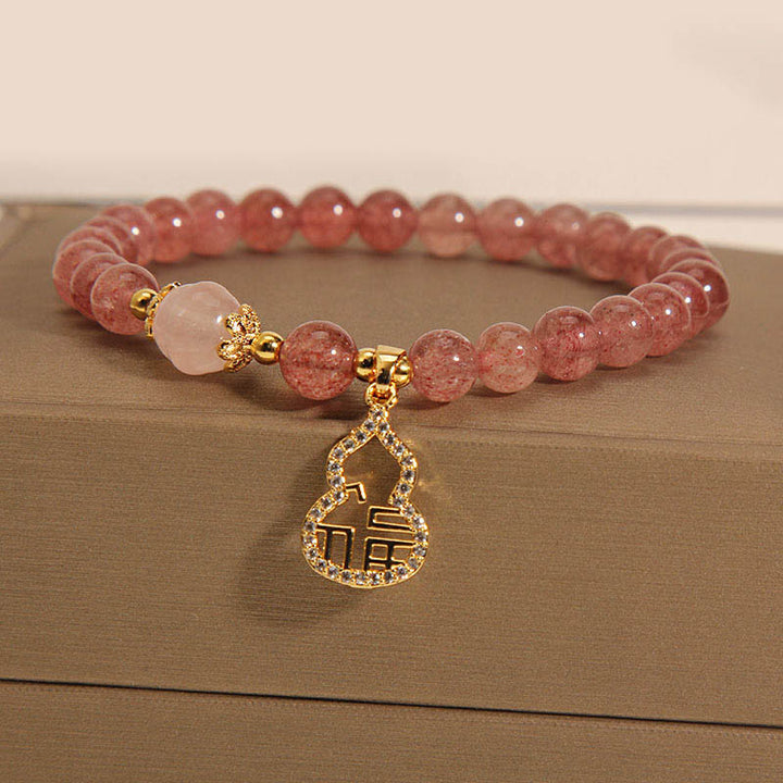 Buddha Stones Strawberry Quartz Gourd Fu Character Charm Positive Bracelet