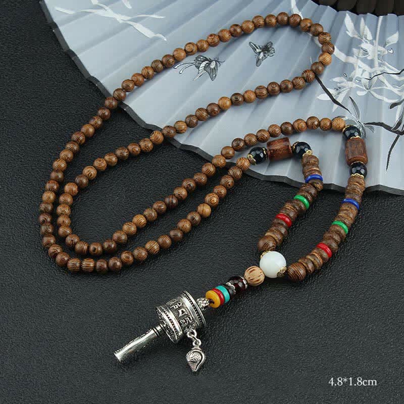 Buddha Stones Tibetan Om Mani Padme Hum Prayer Wheel Rotation Vajra Wood Necklace Pendant - Silver Prayer Wheel - image 14