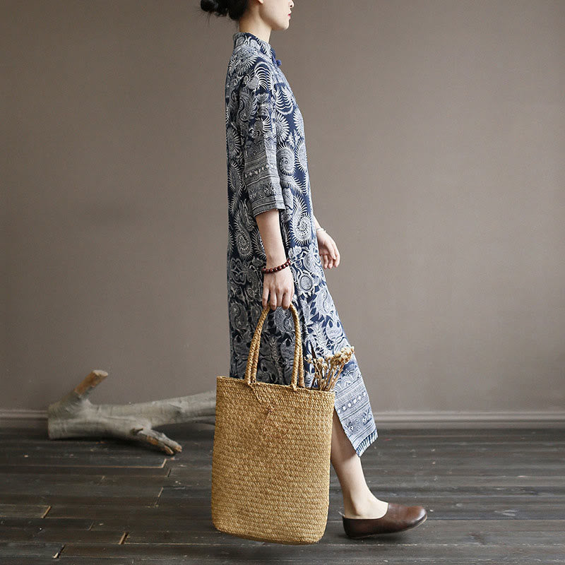 Buddha Stones Blue And White Porcelain Pattern Frog-button Midi Dress Three Quarter Sleeve Linen Batik Dress With Pockets