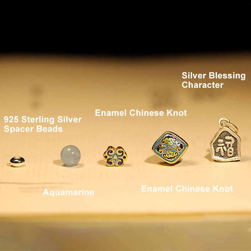 925 Sterling Silver Indian Small Leaf Red Sandalwood Aquamarine Full of Gold Star Chinese Knotting Blessing Bracelet
