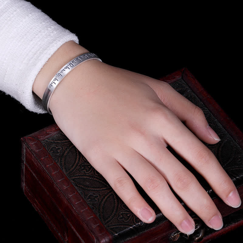 999 Sterling Silver Six True Words Heart Sutra Protection Bracelet Bangle - image 4