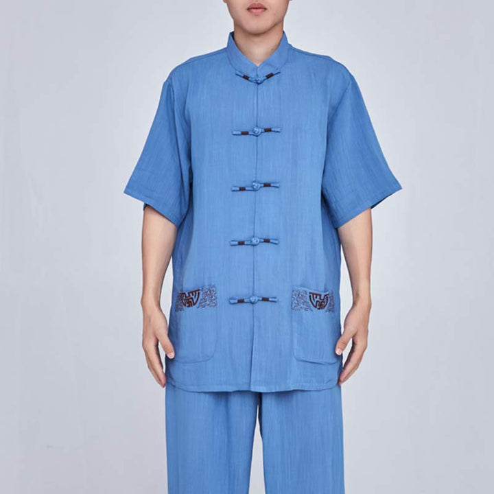 Buddha Stones Meditation Zen Prayer Spiritual Tai Chi Qigong Practice Unisex Embroidery Clothing Set - Short Sleeve Blue Embroidery - US14，UK/AU18，EU46 (3XL) - image 33