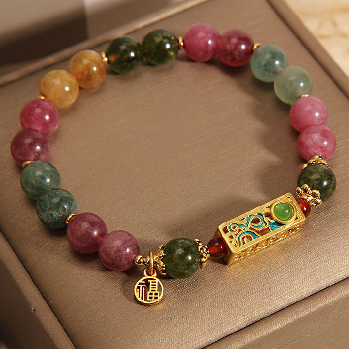 Buddha Stones Colorful Tourmaline Positive Fu Character Charm Bracelet