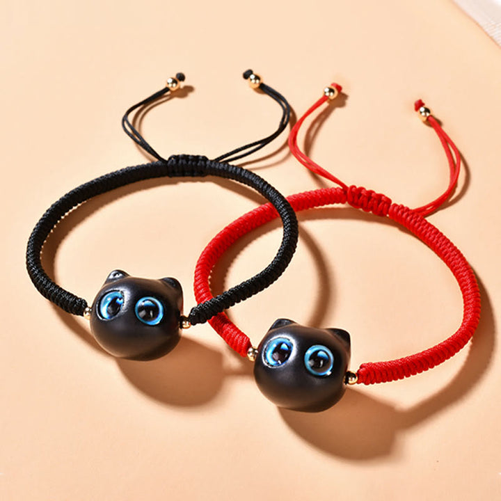 Buddha Stones Ebony Wood Cat Head Pattern Peace King Kong Knot Braided Bracelet - image 3