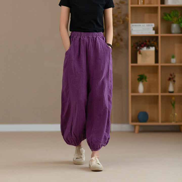 Buddha Stones Ramie Linen Flexible Waistband Yoga Harem Pants With Pockets