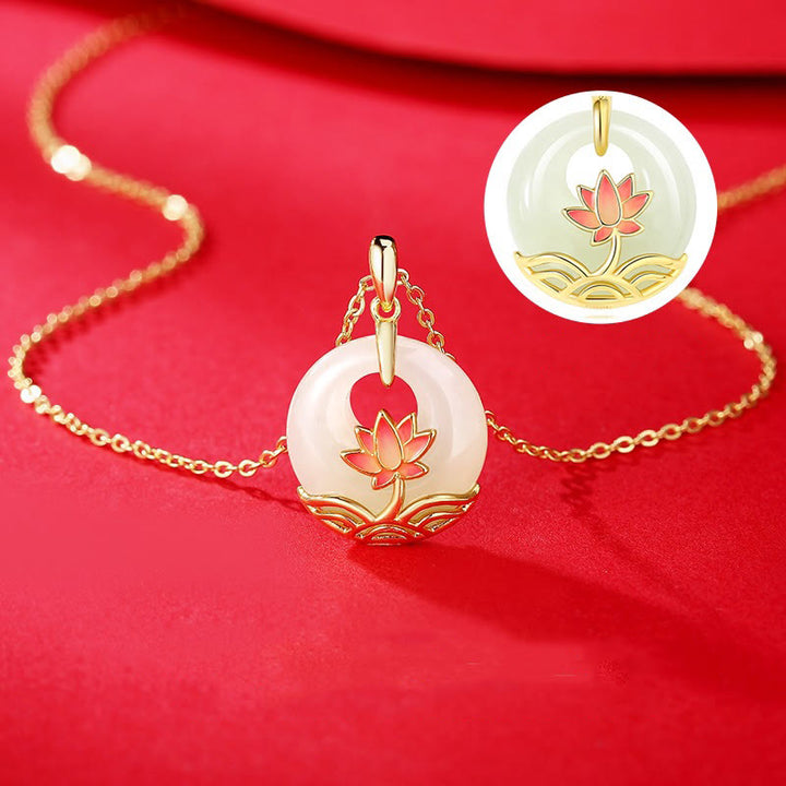 Buddha Stones 925 Sterling Silver Hetian White Jade Lotus Flower Blessing Necklace Pendant - image 5