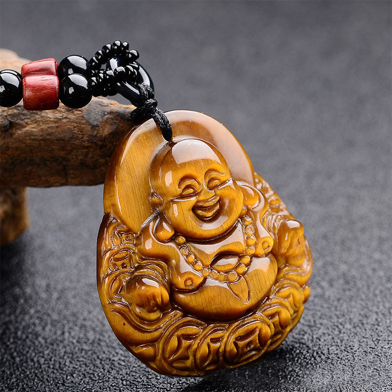 Buddha Stones Tiger's Eye Laughing Buddha Blessing Necklace - Tiger Eye - image 1