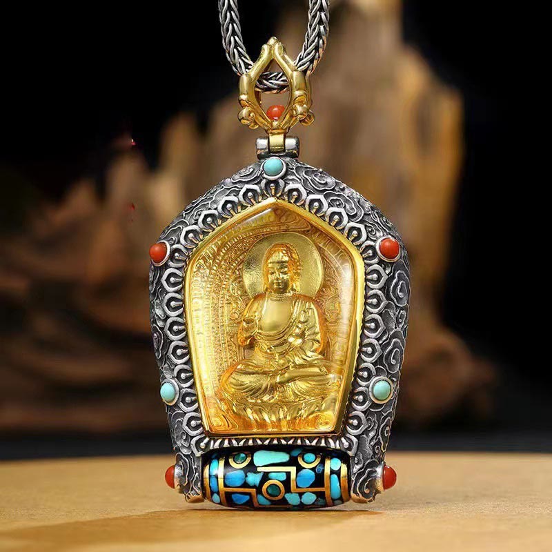 Tibet Chinese Zodiac Natal Buddha Thangka Prosperity Rotatable Dzi Bead Necklace Pendant - image 1