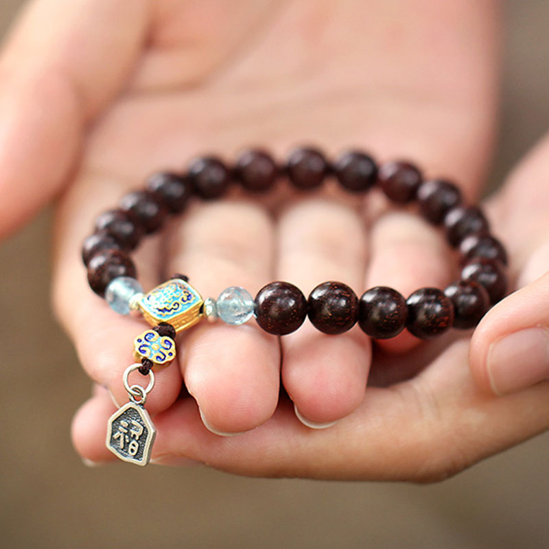 925 Sterling Silver Indian Small Leaf Red Sandalwood Aquamarine Full of Gold Star Chinese Knotting Blessing Bracelet