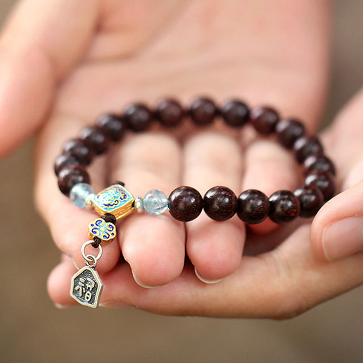 925 Sterling Silver Indian Small Leaf Red Sandalwood Aquamarine Full of Gold Star Chinese Knotting Blessing Bracelet