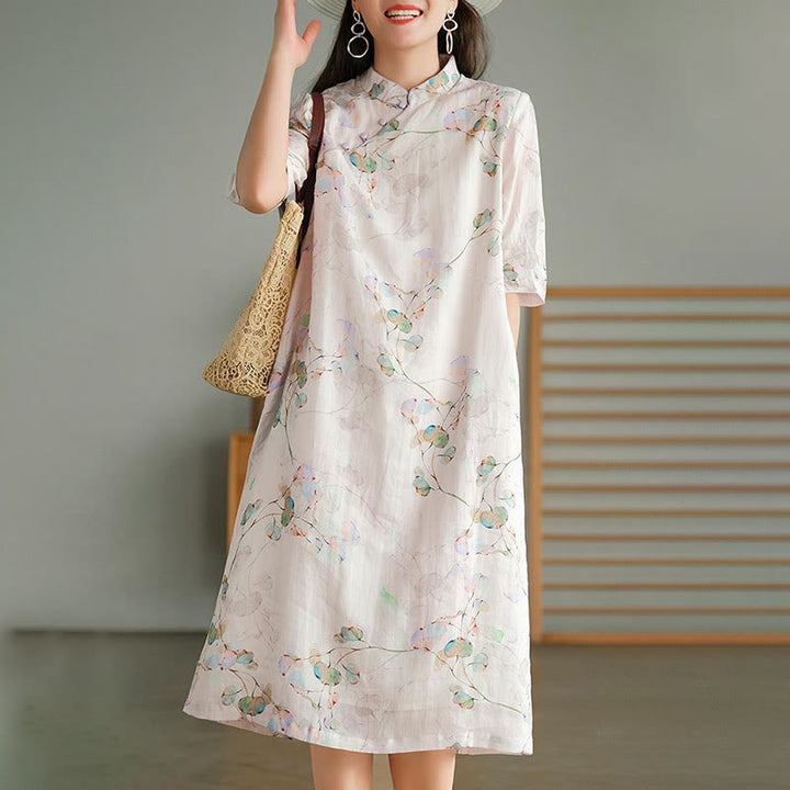 Buddha Stones Frog-button Leaves Branches Midi Dress Cotton Linen Short Sleeve Dress With Pockets