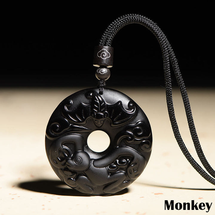 Buddha Stones Chinese Zodiac Natural Black Obsidian Peace Buckle Strength Necklace Pendant - Monkey - image 19