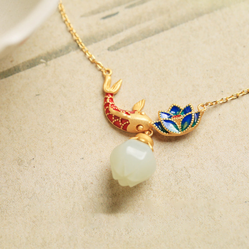 Buddha Stones 925 Sterling Silver White Jade Koi Fish Lotus Protection Necklace Pendant - image 5