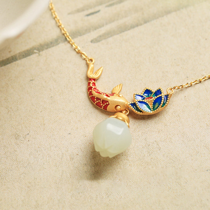 Buddha Stones 925 Sterling Silver White Jade Koi Fish Lotus Protection Necklace Pendant - image 5