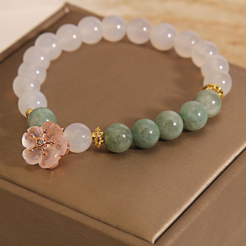 Buddha Stones White Agate Jade Flower Charm Luck Protection Bracelet