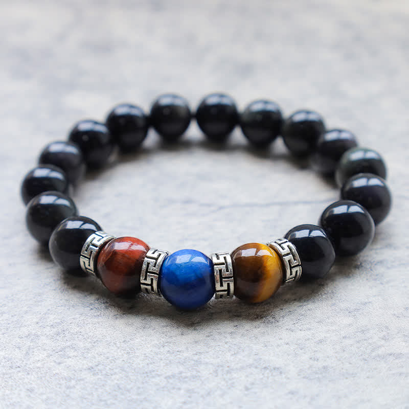 Buddha Stones Natural Black Obsidian Tricolor Tiger Eye Strength Bracelet - image 5