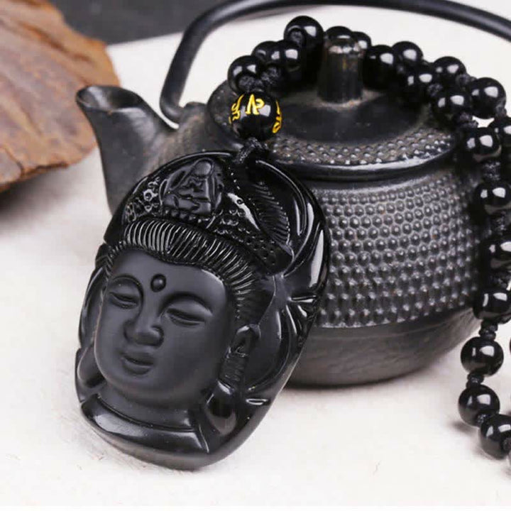 Buddha Stones Natural Black Obsidian Kwan Yin Avalokitesvara Strength String Necklace Pendant - image 6
