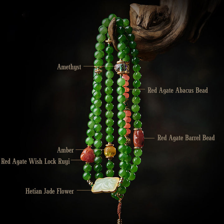 108 Mala Beads Cyan Jade Red Agate Laughing Buddha Luck Bracelet - image 9