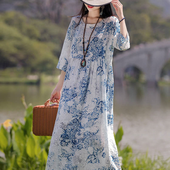 Buddha Stones Flowers Print Midi Dress Cotton Linen Tunic Dress With Pockets