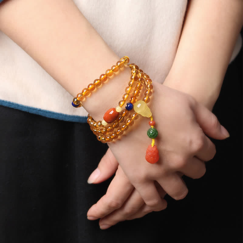 108 Mala Beads Natural Citrine Amber Peace Buckle Red Agate PiXiu Protection Charm Bracelet - image 18