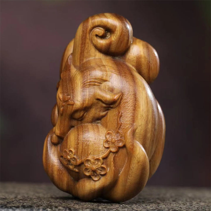 Buddha Stones Mini Nine Tailed Fox Green Sandalwood Peace Decoration Car Hanging Decoration - image 2