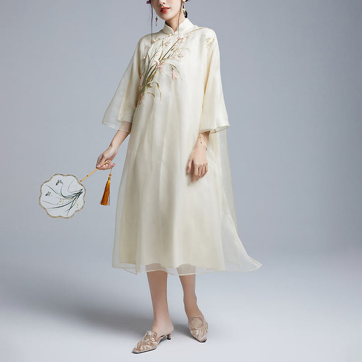 Buddha Stones 100% Mulberry Silk 6 Momme Dress Vintage Flower Butterfly Embroidery Qipao Dress Women's Cheongsam Dress - image 8