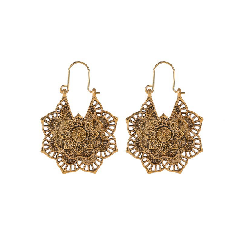 Buddha Stones Tibetan Lotus Engraving Copper Blessing Drop Earrings - Gold - image 1