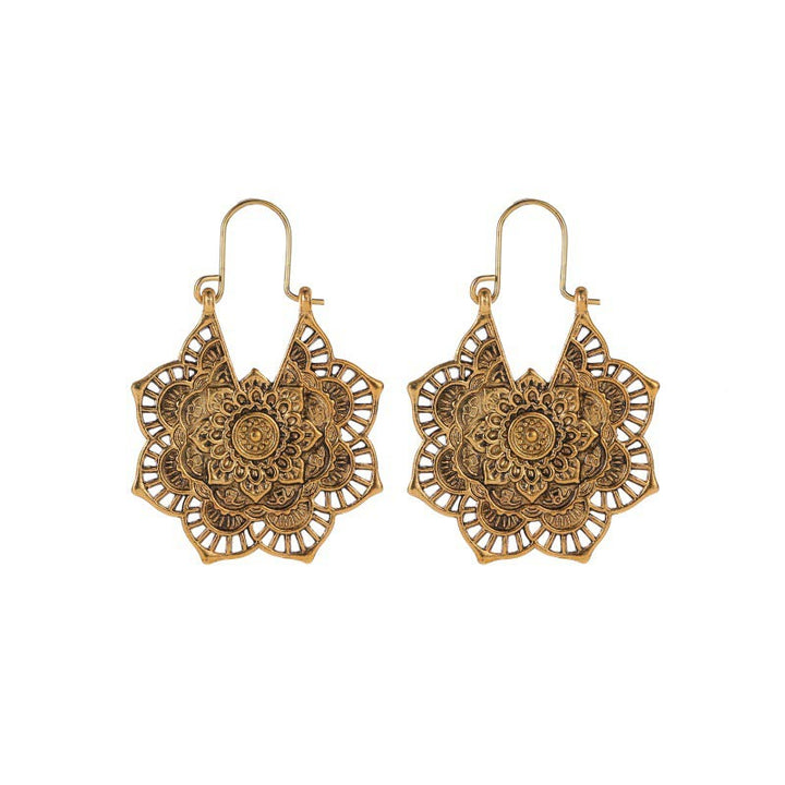Buddha Stones Tibetan Lotus Engraving Copper Blessing Drop Earrings - Gold - image 1