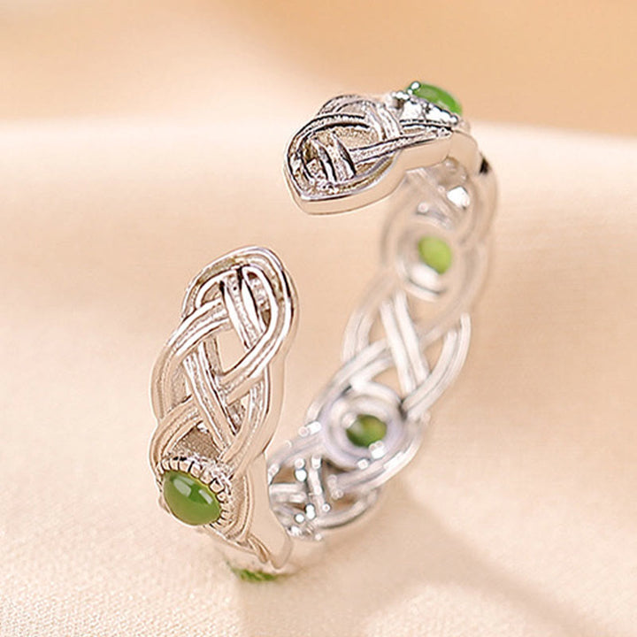 Buddha Stones 925 Sterling Silver Plated Gold Cyan Jade Braided Design Success Luck Adjustable Ring - image 11