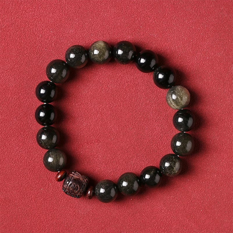 Buddha Stones Natural Gold Sheen Obsidian Rainbow Obsidian Om Mani Padme Hum Fu Character Healing Bracelet