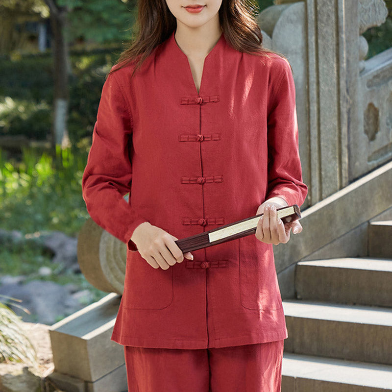 Spiritual Zen Practice Yoga Meditation Prayer Uniform Cotton Linen Clothing Women's Set - Red - US18，UK/AU22，EU50 (6XL) - image 9