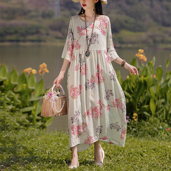 Buddha Stones Flowers Print Midi Dress Cotton Linen Tunic Dress With Pockets