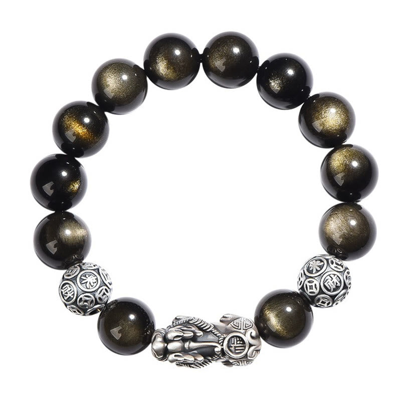Buddha Stones 925 Sterling Silver Natural Gold Sheen Obsidian PiXiu Wealth Protection Bracelet - image 7