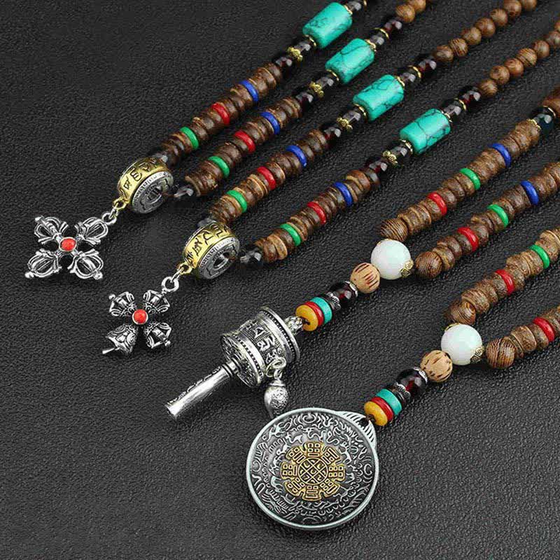 Buddha Stones Tibetan Om Mani Padme Hum Prayer Wheel Rotation Vajra Wood Necklace Pendant - image 21