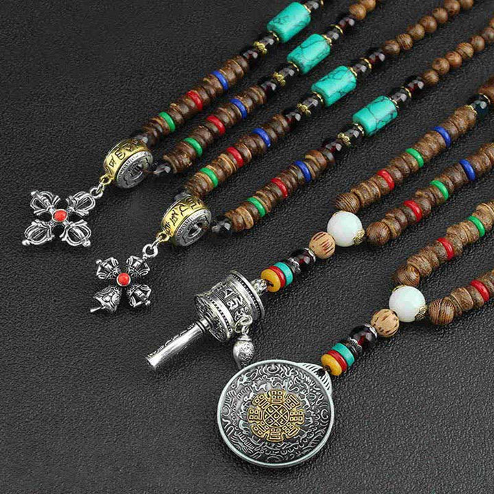 Buddha Stones Tibetan Om Mani Padme Hum Prayer Wheel Rotation Vajra Wood Necklace Pendant - image 21
