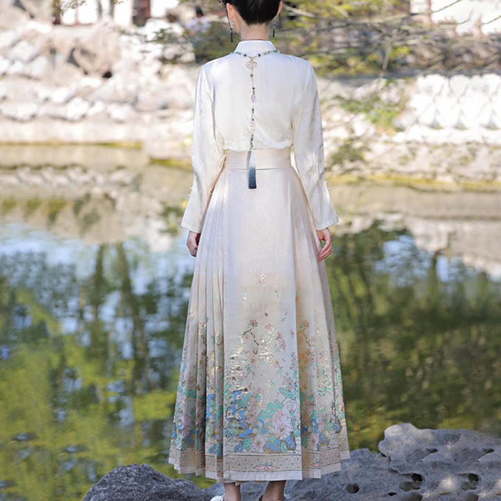 Buddha Stones Beige Summer Lotus Flowers Pond Printed Chinese Hanfu Horse Face Skirt Mamianqun