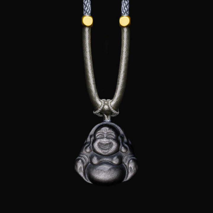 Buddha Stones Natural Silver Sheen Obsidian Laughing Buddha Protection Necklace Pendant - Laughing Buddha Light Gray Necklace - image 1