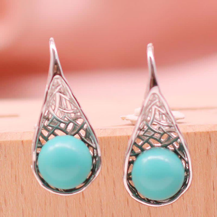 925 Sterling Silver Turquoise Beaded Pattern Protection Drop Dangle Earrings - image 1