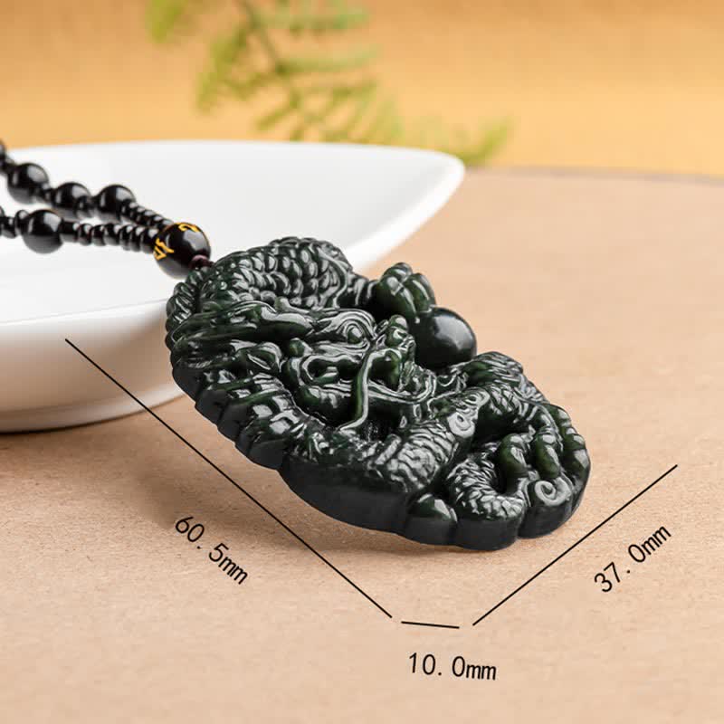 Hetian Cyan Jade Dragon Success Harmony Necklace Beaded String Pendant - image 11