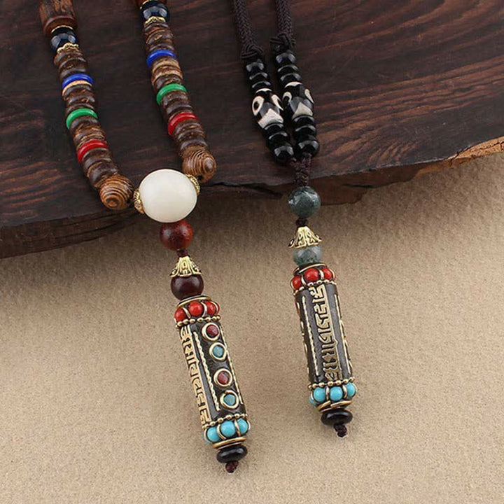 Buddha Stones Tibetan Om Mani Padme Hum Dzi Bead Wenge Wood Necklace Pendant - image 3