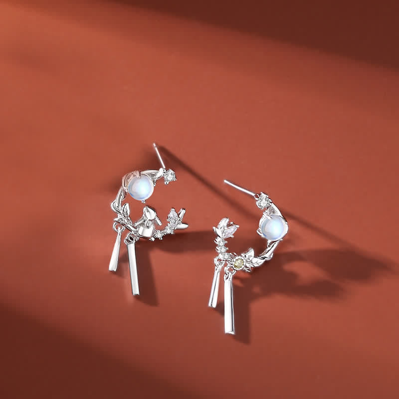 925 Sterling Silver Year of the Rabbit Moonstone Moon Flower Pattern Necklace Pendant Bracelet Earrings - Earrings - Silver - image 9